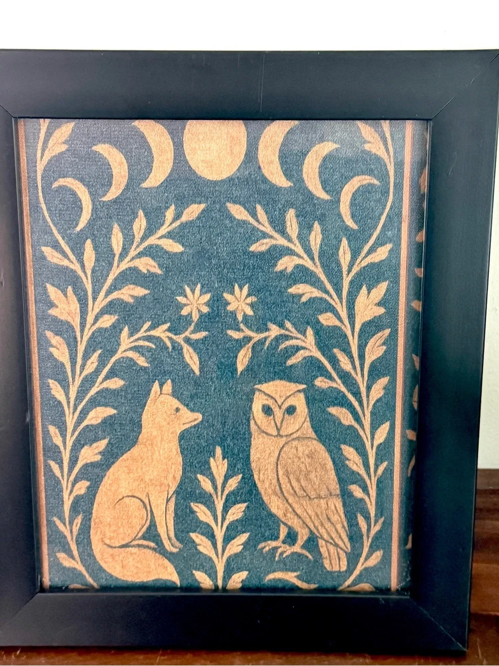 Moon Phases Fox Owl Forest Botanical Canvas Art Print Black Framed Wall Hang Art